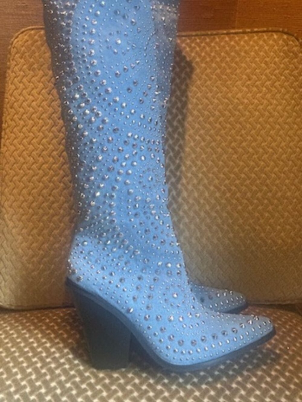 Azalea Wang Texas Studded Denim Pull On Cushioned Wedge Cut Heel Cowboy Boot NEW - Picture 5 of 16